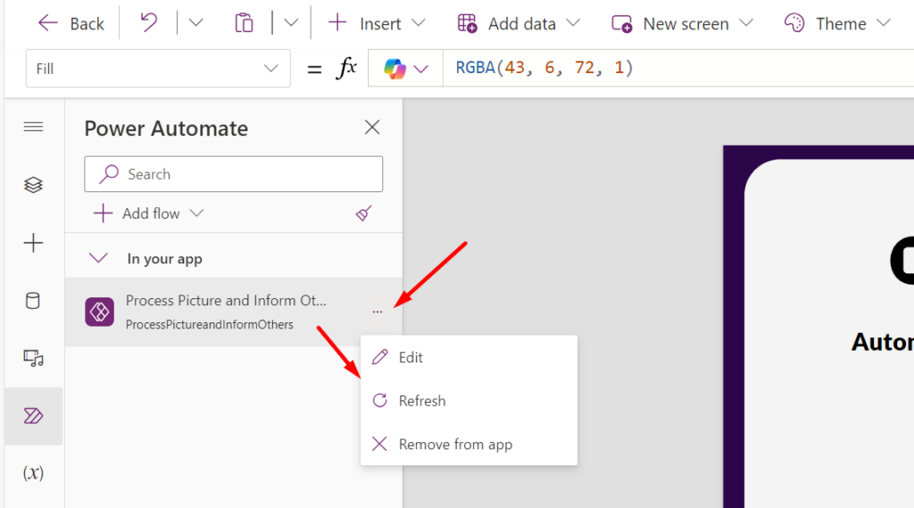 Refresh Power Automate properties and connection references in calling Canvas App