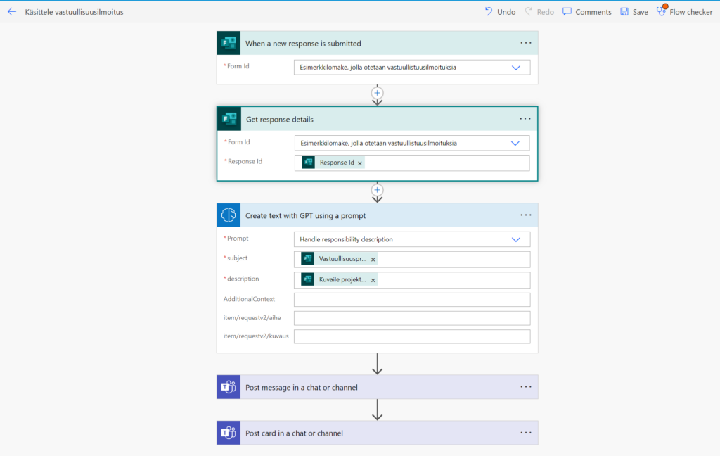 Power Automate flow first three actions to capture the form response and send to AI processing