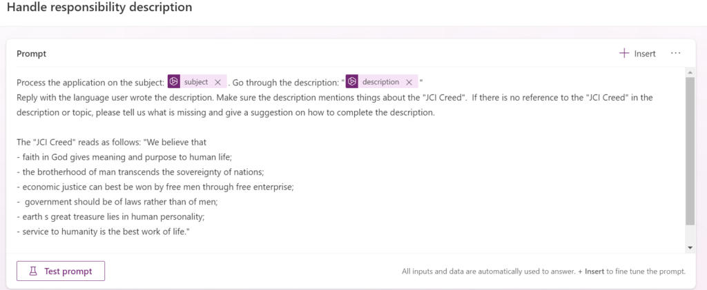 Custom prompt comparing project description against JCI Creed